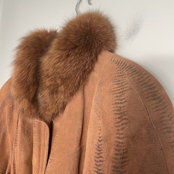 Vtg 70s Suede Trench Coat w/ Genuine Fox Fur Collar Women’s L Brown Aspen Chic - Picture 6 of 16